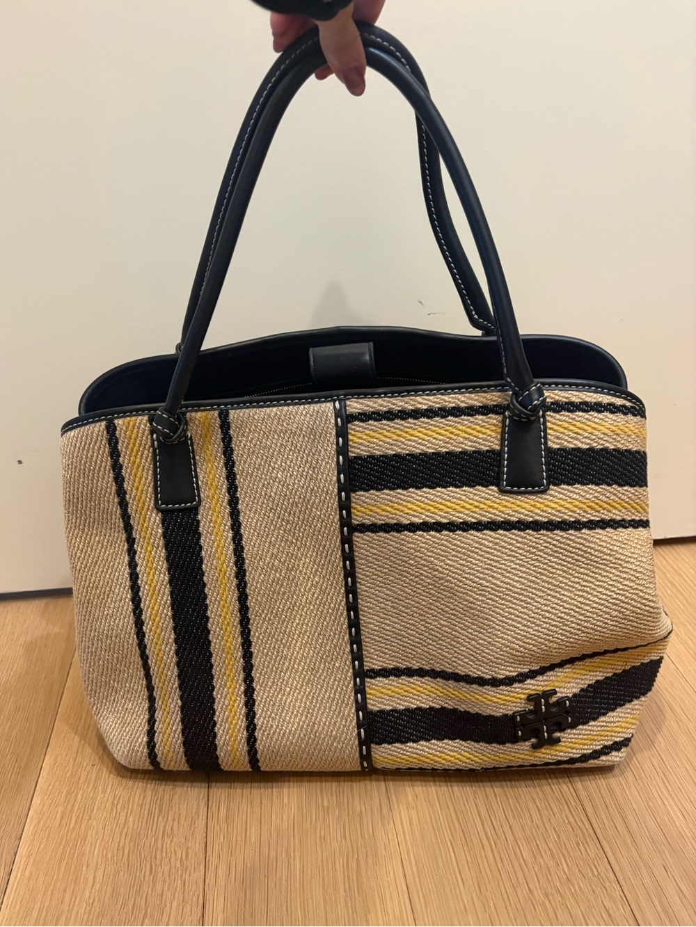 Tory Burch Woven Stripe Tote Bag in Beige, Black & Yellow